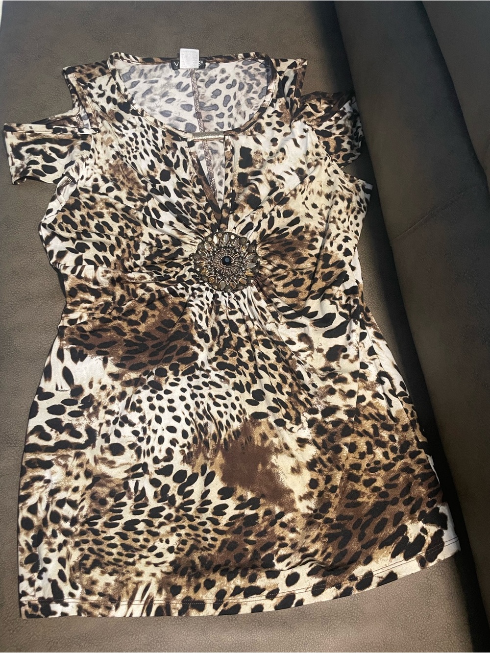 Venus Leopard Print Embellished Cold-Shoulder Top - Brown/Cream/Black